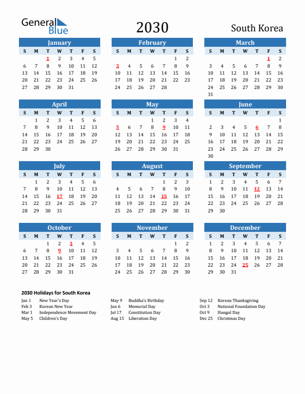 Printable Calendar 2030 with South Korea Holidays (Sunday Start)
