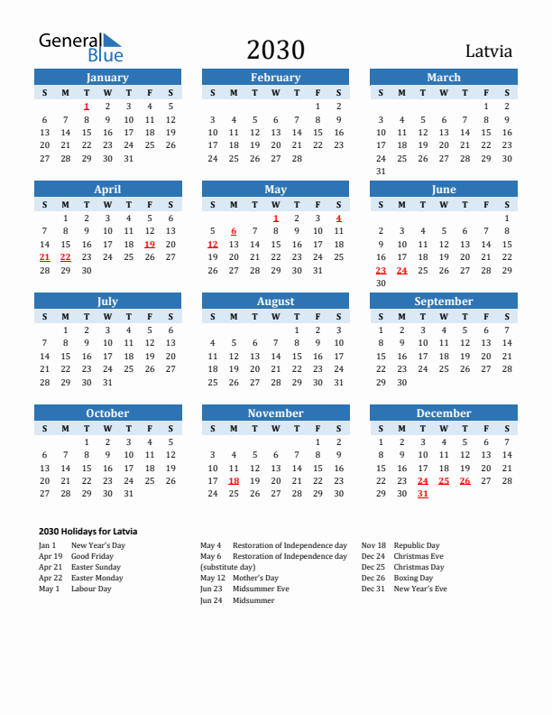 Printable Calendar 2030 with Latvia Holidays (Sunday Start)