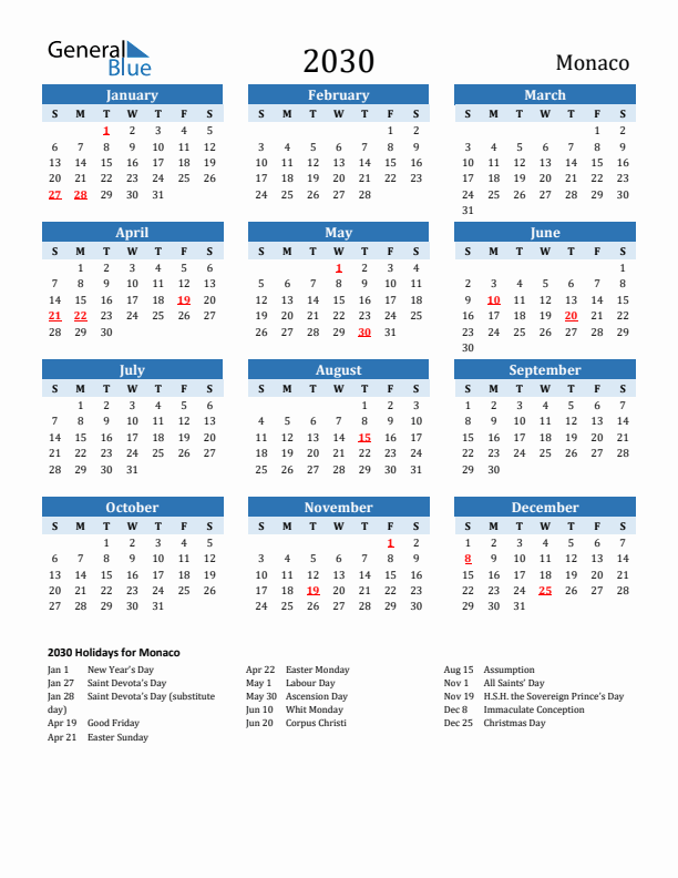 Printable Calendar 2030 with Monaco Holidays (Sunday Start)