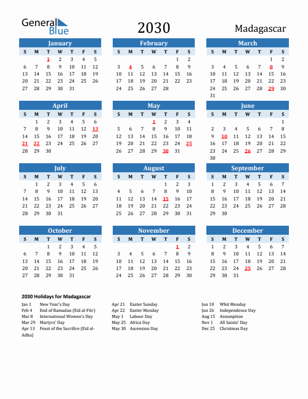 Printable Calendar 2030 with Madagascar Holidays (Sunday Start)