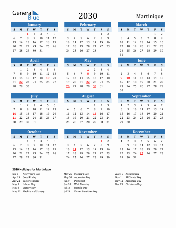 Printable Calendar 2030 with Martinique Holidays (Sunday Start)