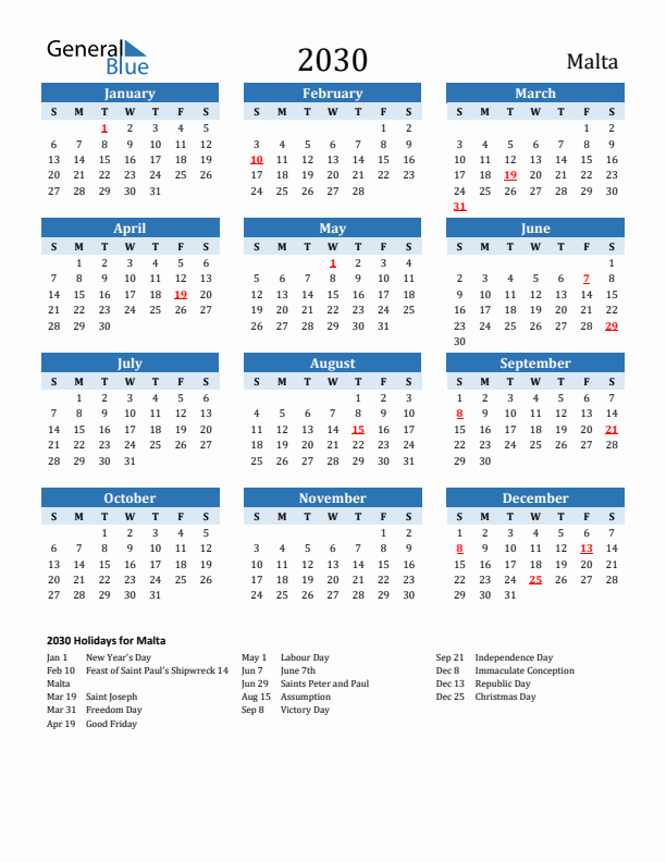Printable Calendar 2030 with Malta Holidays (Sunday Start)