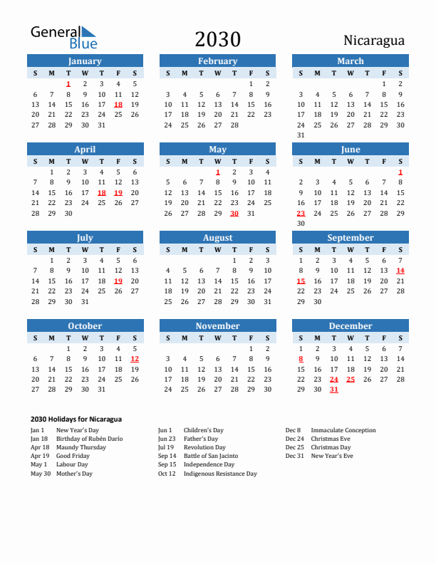 Printable Calendar 2030 with Nicaragua Holidays (Sunday Start)