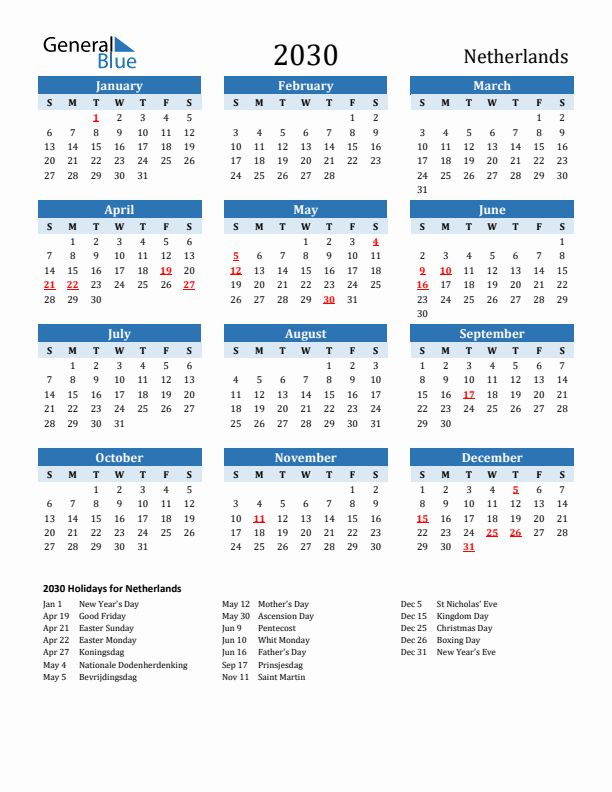 Printable Calendar 2030 with The Netherlands Holidays (Sunday Start)