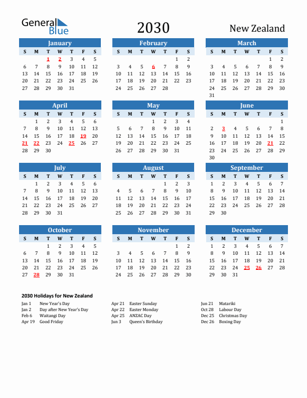 Printable Calendar 2030 with New Zealand Holidays (Sunday Start)