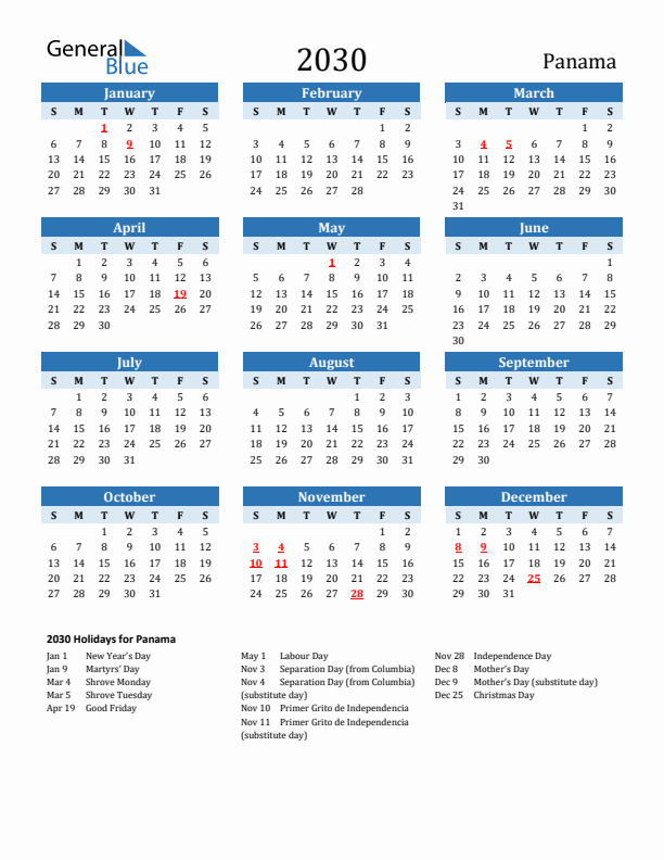 Printable Calendar 2030 with Panama Holidays (Sunday Start)