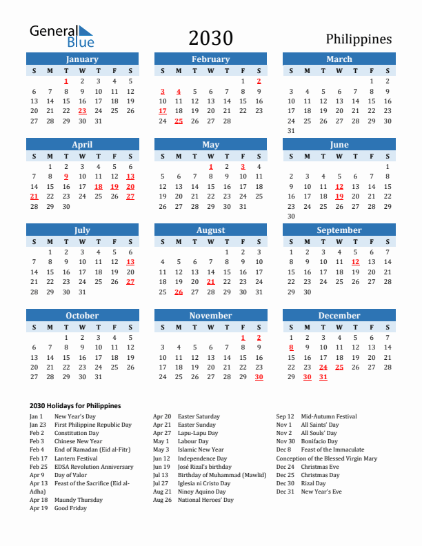 Printable Calendar 2030 with Philippines Holidays (Sunday Start)