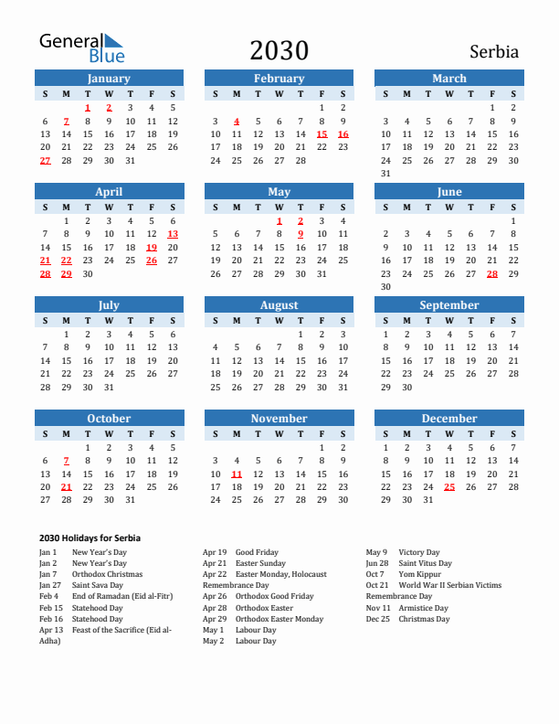 Printable Calendar 2030 with Serbia Holidays (Sunday Start)