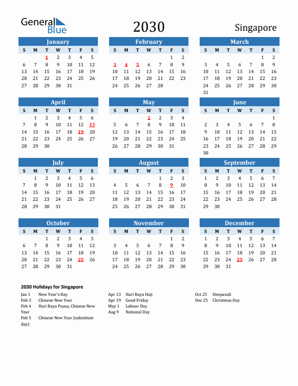 Printable Calendar 2030 with Singapore Holidays (Sunday Start)