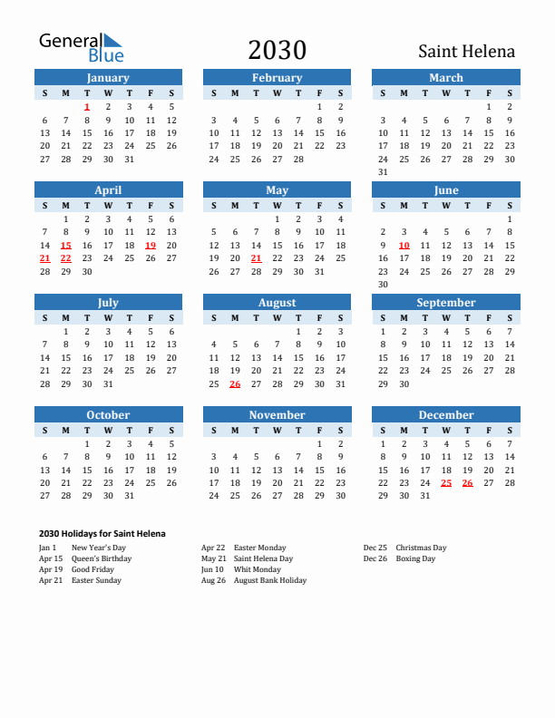 Printable Calendar 2030 with Saint Helena Holidays (Sunday Start)