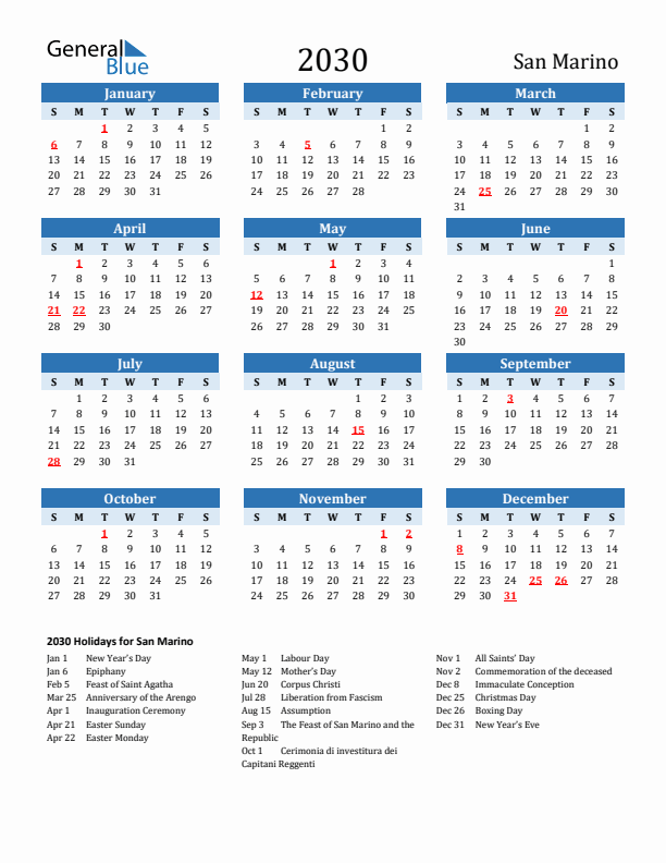 Printable Calendar 2030 with San Marino Holidays (Sunday Start)