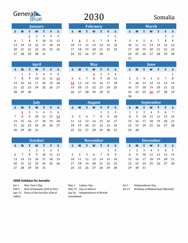 Printable Calendar 2030 with Somalia Holidays (Sunday Start)
