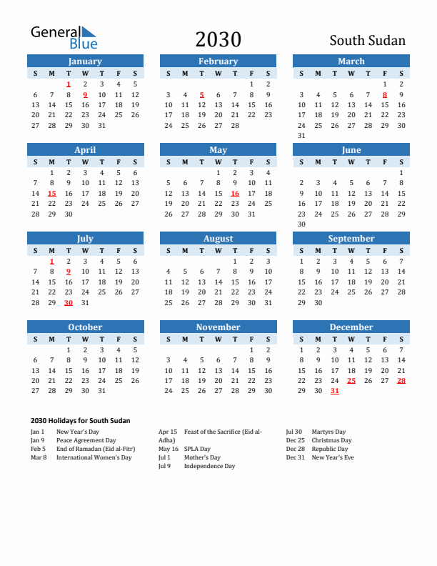 Printable Calendar 2030 with South Sudan Holidays (Sunday Start)