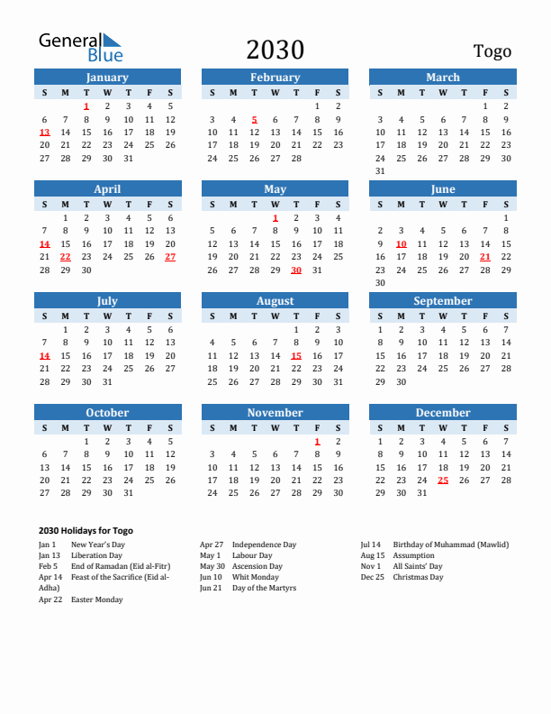 Printable Calendar 2030 with Togo Holidays (Sunday Start)