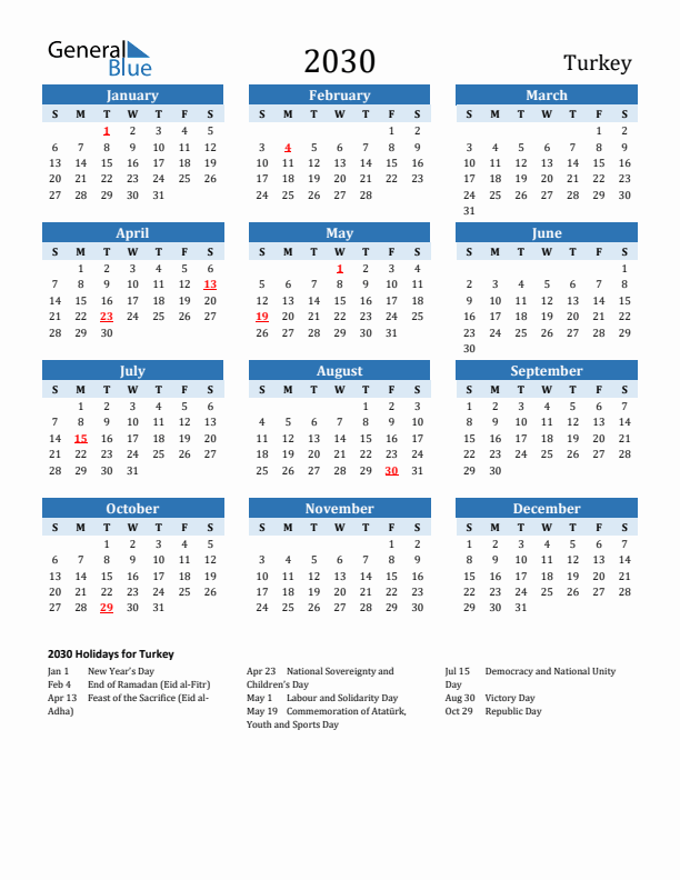 Printable Calendar 2030 with Turkey Holidays (Sunday Start)