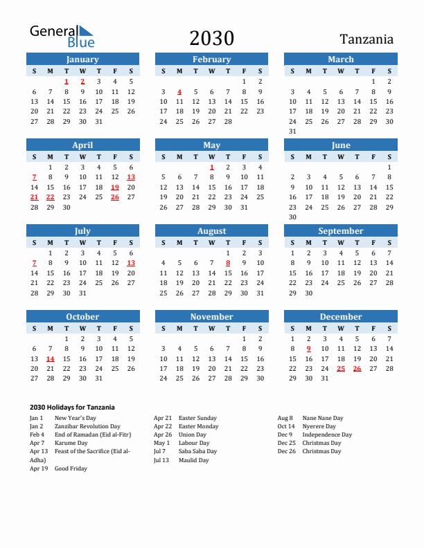 Printable Calendar 2030 with Tanzania Holidays (Sunday Start)