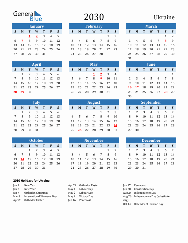 Printable Calendar 2030 with Ukraine Holidays (Sunday Start)