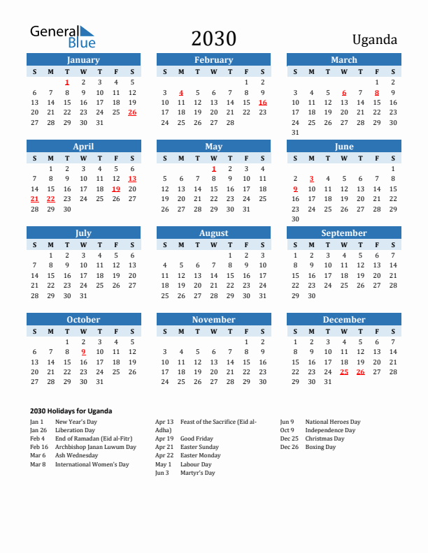 Printable Calendar 2030 with Uganda Holidays (Sunday Start)
