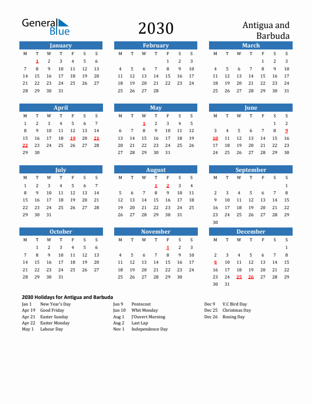 Antigua and Barbuda 2030 Calendar with Holidays