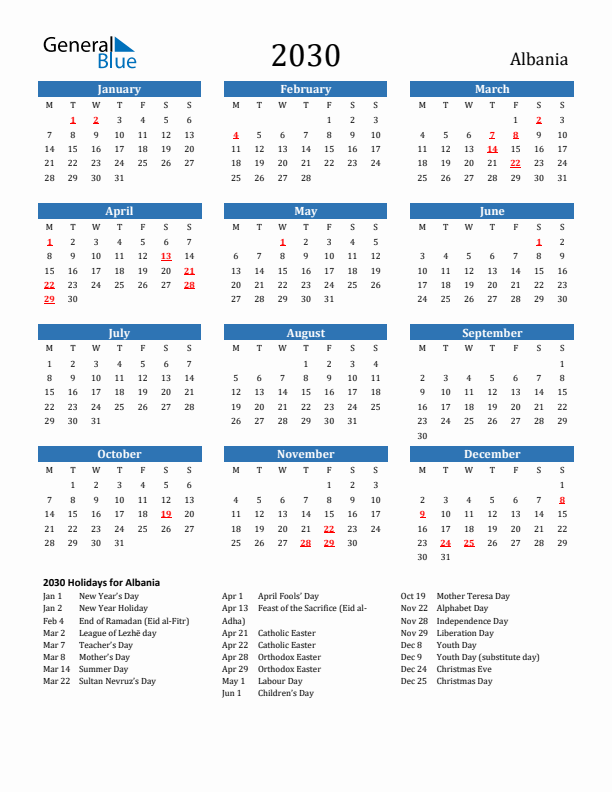 Albania 2030 Calendar with Holidays