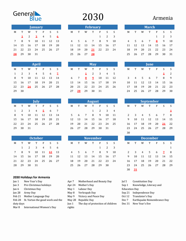 Armenia 2030 Calendar with Holidays
