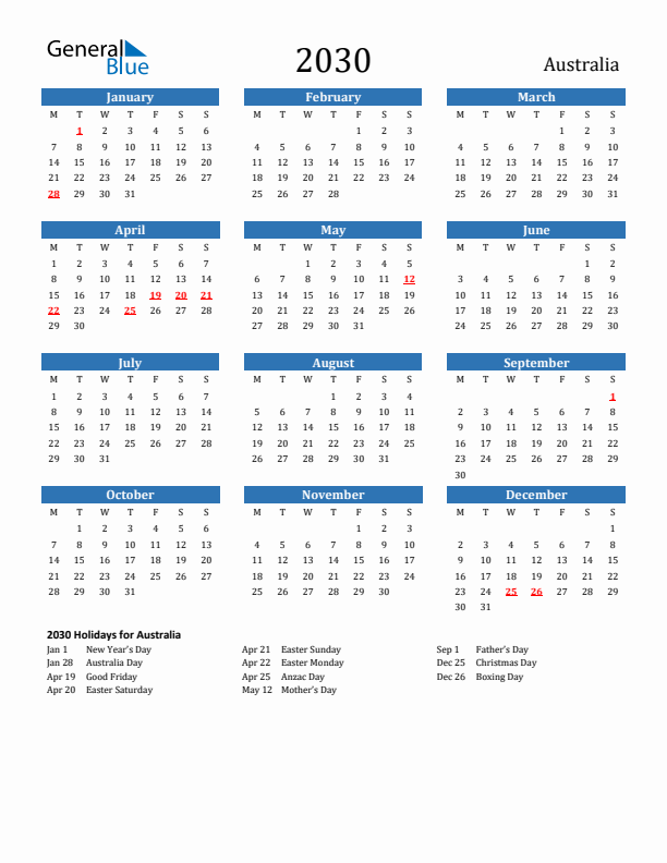 Australia 2030 Calendar with Holidays