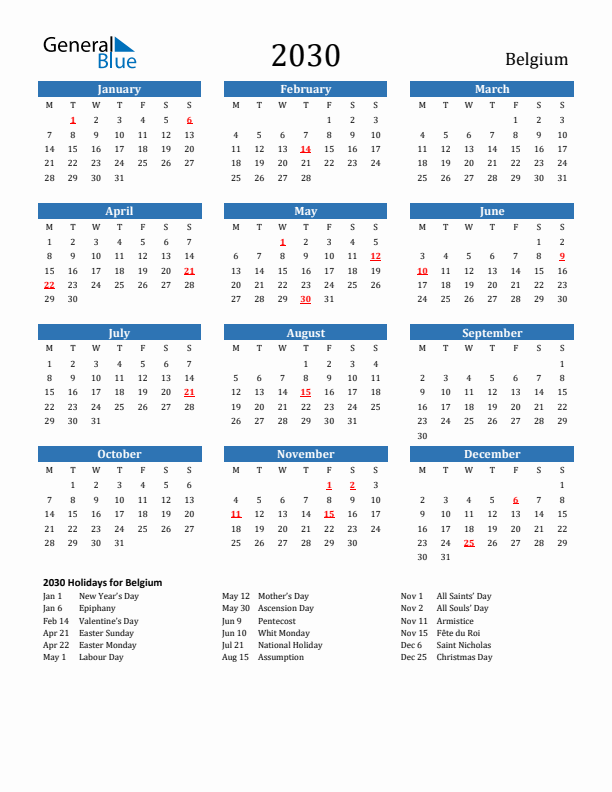 Belgium 2030 Calendar with Holidays