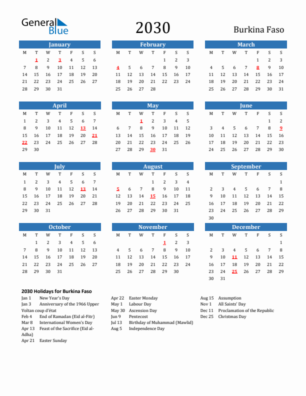 Burkina Faso 2030 Calendar with Holidays