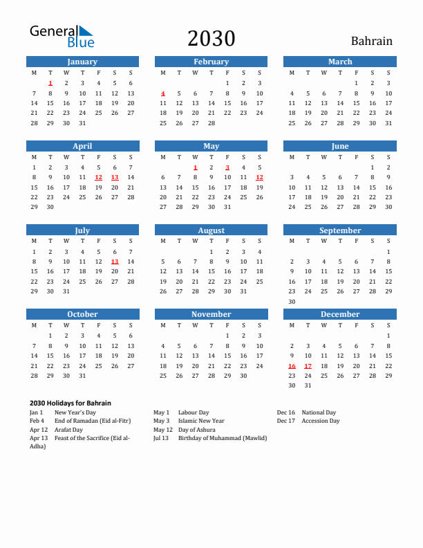 Bahrain 2030 Calendar with Holidays