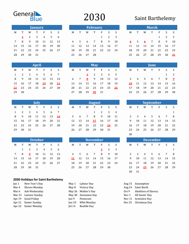 Saint Barthelemy 2030 Calendar with Holidays
