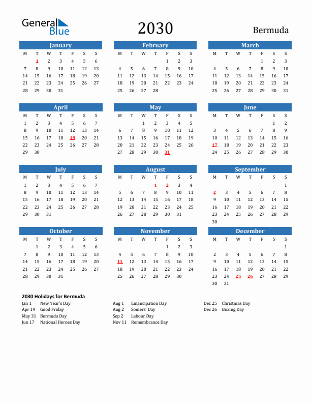 Bermuda 2030 Calendar with Holidays