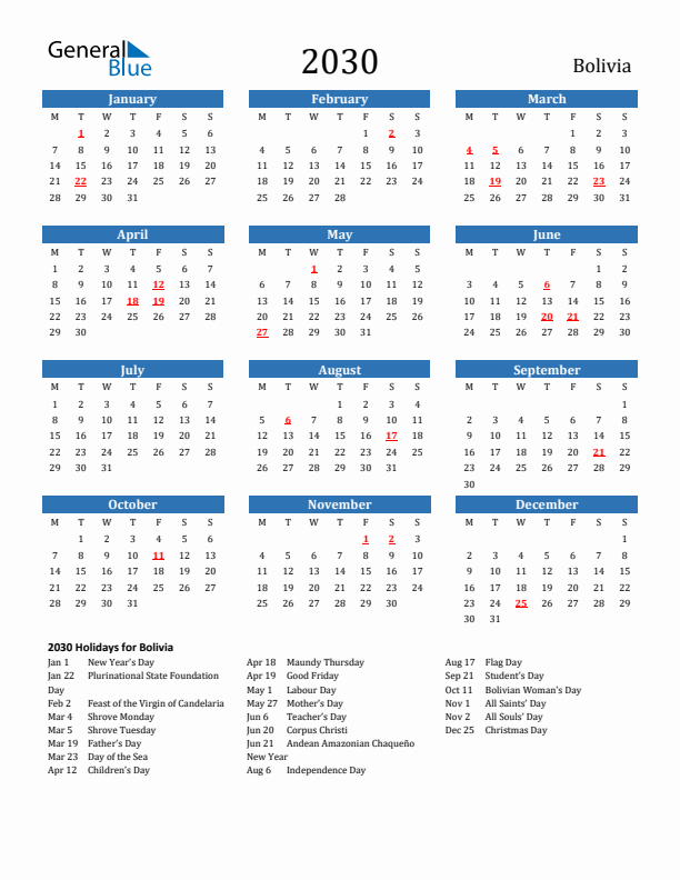 Bolivia 2030 Calendar with Holidays