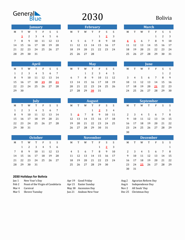 Bolivia 2030 Calendar with Holidays