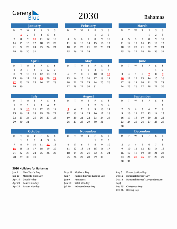 Bahamas 2030 Calendar with Holidays