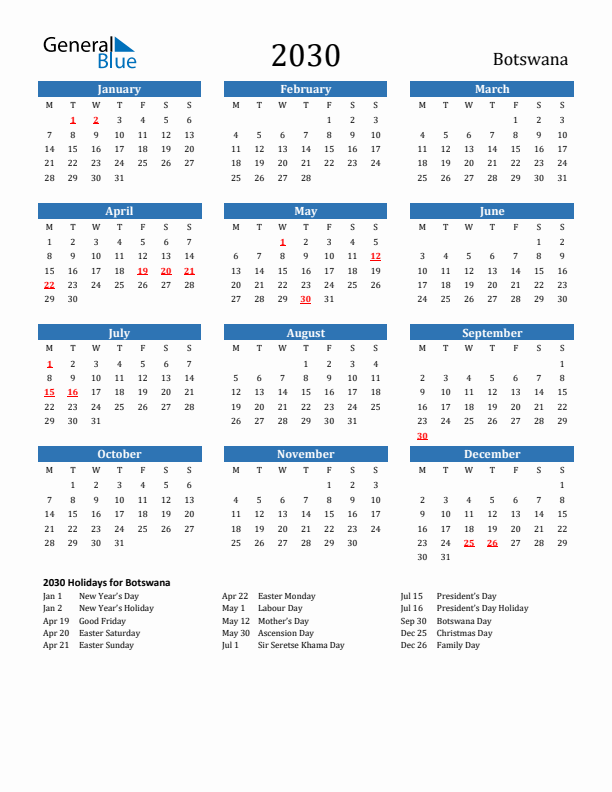 Botswana 2030 Calendar with Holidays