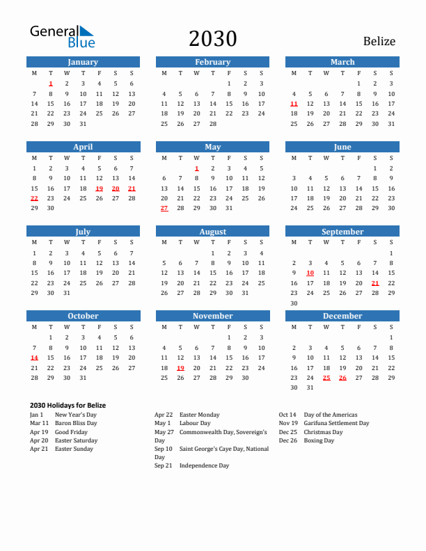 Belize 2030 Calendar with Holidays