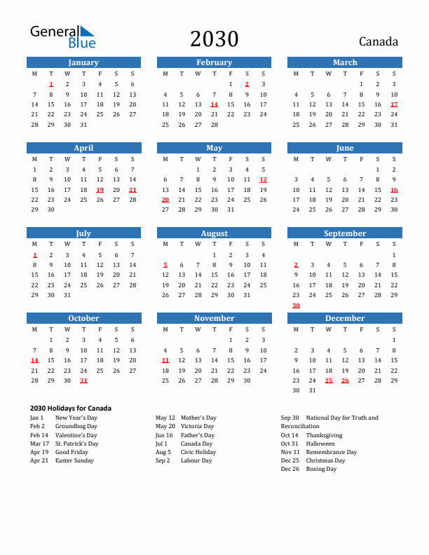 Canada 2030 Calendar with Holidays