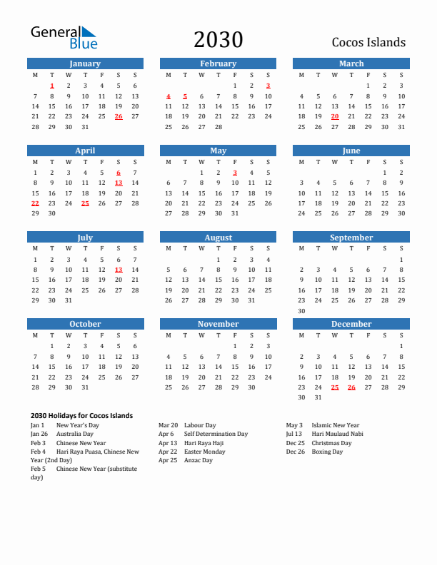 Cocos Islands 2030 Calendar with Holidays