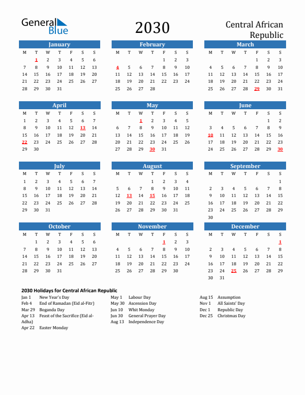 Central African Republic 2030 Calendar with Holidays