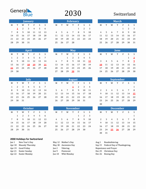 Switzerland 2030 Calendar with Holidays