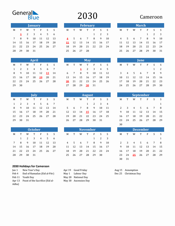 Cameroon 2030 Calendar with Holidays