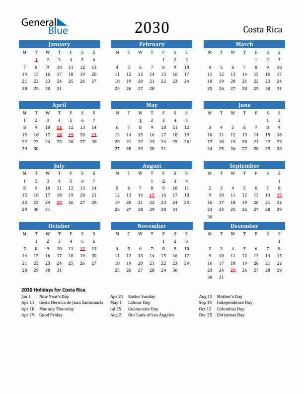 Costa Rica 2030 Calendar with Holidays