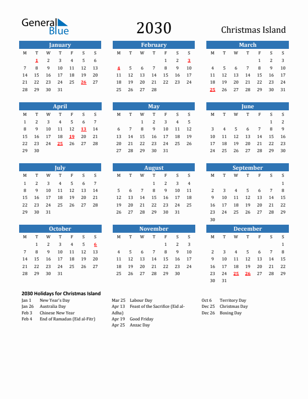 Christmas Island 2030 Calendar with Holidays