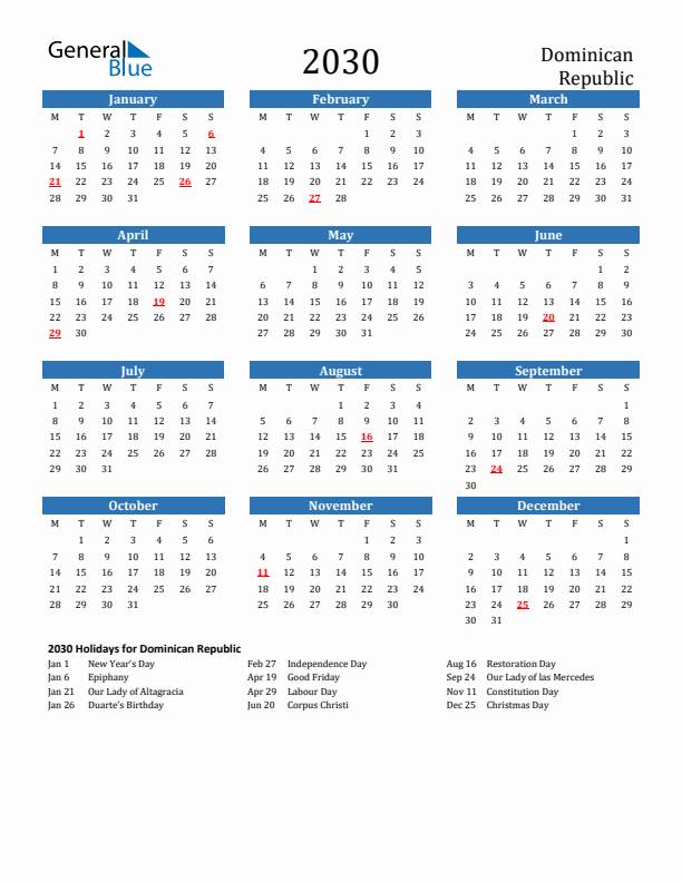 Dominican Republic 2030 Calendar with Holidays