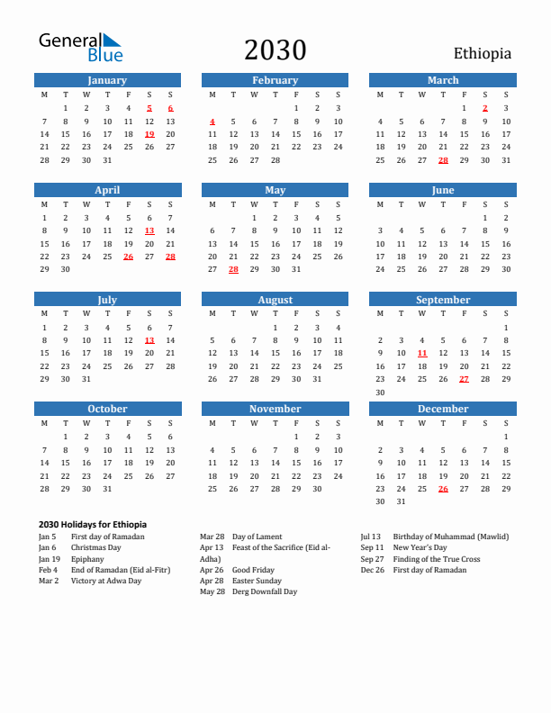 Ethiopia 2030 Calendar with Holidays