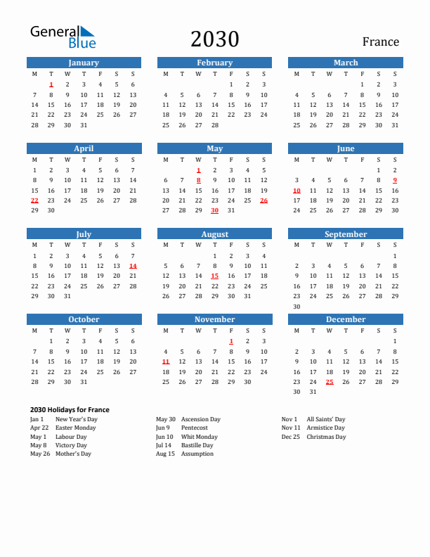 France 2030 Calendar with Holidays