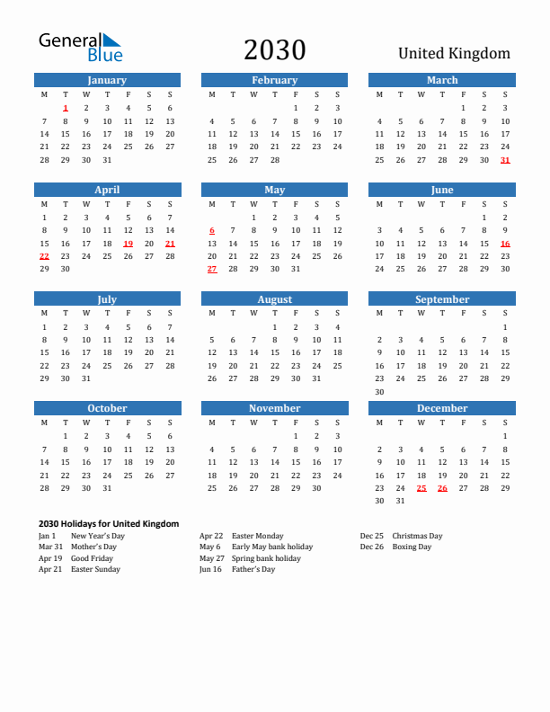 United Kingdom 2030 Calendar with Holidays