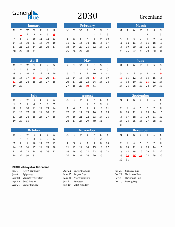 Greenland 2030 Calendar with Holidays