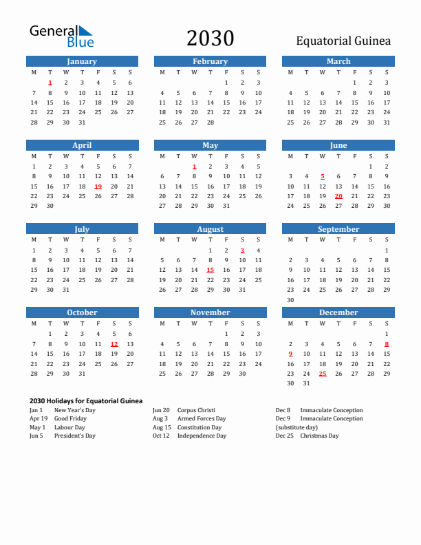Equatorial Guinea 2030 Calendar with Holidays