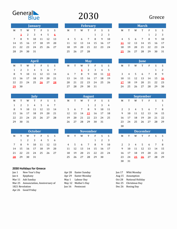 Greece 2030 Calendar with Holidays